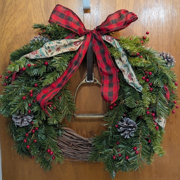Rustic Equestrian Stirrup Holiday Wreath with Red Plaid Bow